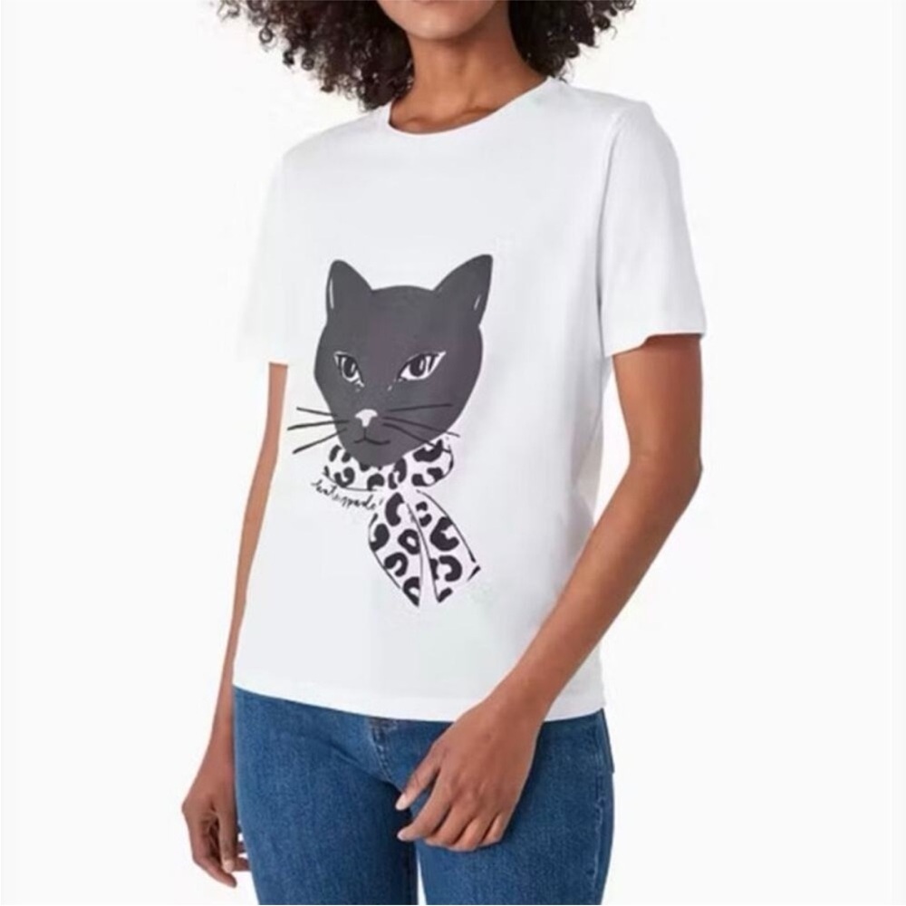 Kate Spade Feline Graphic Tshirt Cat Kitty White Short Sleeve Shirt Sz S NEW